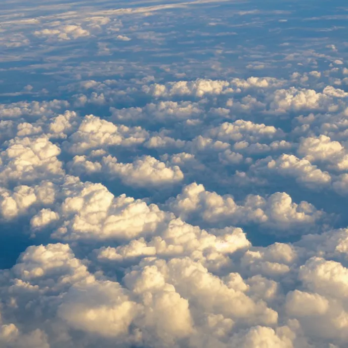 Prompt: Endless clouds towering high, seen from a plane, no ground visible, very detailed, 8k resolution, pale yellow hue with brown shadows