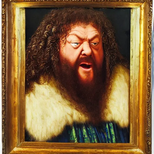 Image similar to portrait of hulking herculean bodybuilder hagrid, oil painting by jan van eyck, northern renaissance art, oil on canvas, wet - on - wet technique, realistic, expressive emotions, intricate textures, illusionistic detail