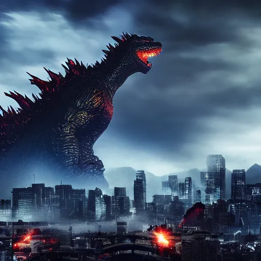 Prompt: army of godzilla attacking city, dramatic lighting