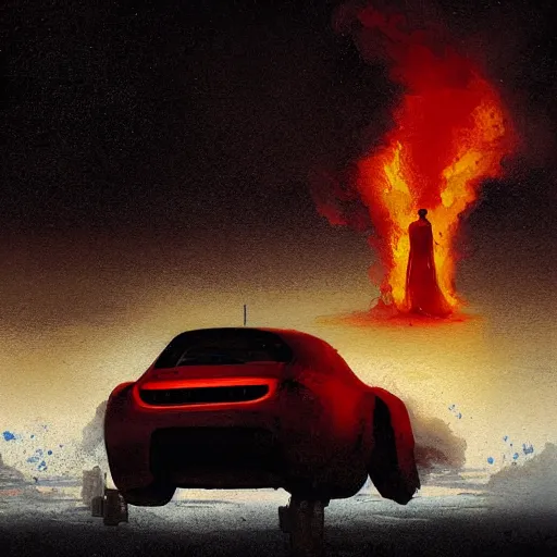 Prompt: A car on fire in a desert while the silhouette of a man is watching this sad spectacle | painting by Greg Rutkowski