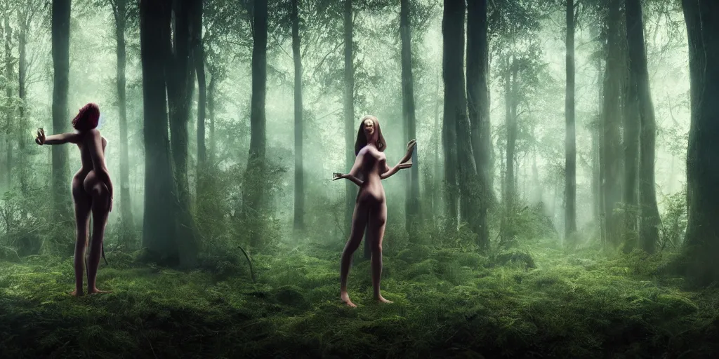 Image similar to a clearing in forest, frightened woman by johannen voss by david cronenberg by francis bacon by peter kemp by octane render blender 8 k