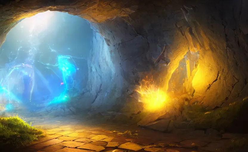 Prompt: a magical hole in the wall leads to an alternate dimension. painting, fantasy, magical particles, compute shader, soft lighting, 8 k, sharp focus, global illumination, paid artwork, portfolio, detailed and intricate environment