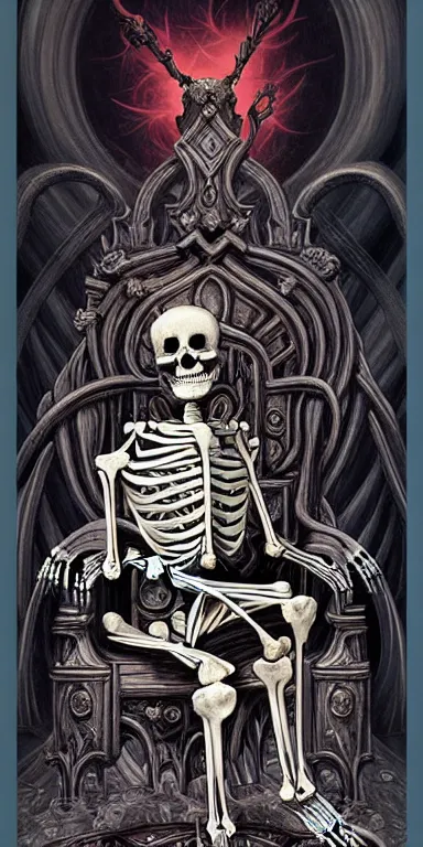 Image similar to a painting of a skeleton sitting on a throne, poster art by James Jean, Joe Fenton, Lise Deharme, Anne Stokes, Brian Despain, Petros Afshar behance contest winner, gothic art, tarot card, apocalypse art, behance hd, macabre poster art,