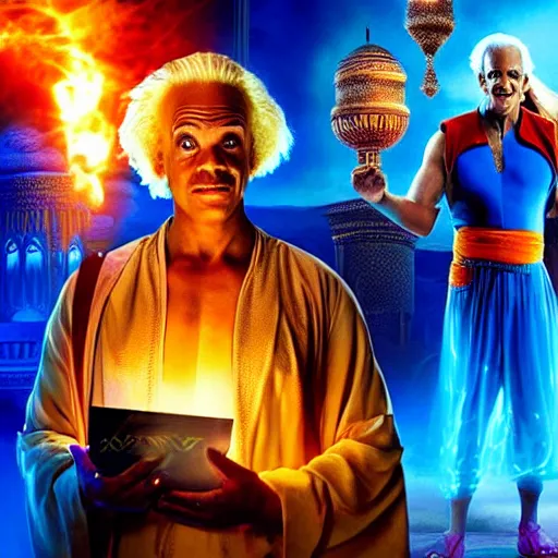 Image similar to doc brown as genie in the movie aladdin, movie still 8 k hdr atmospheric lighting