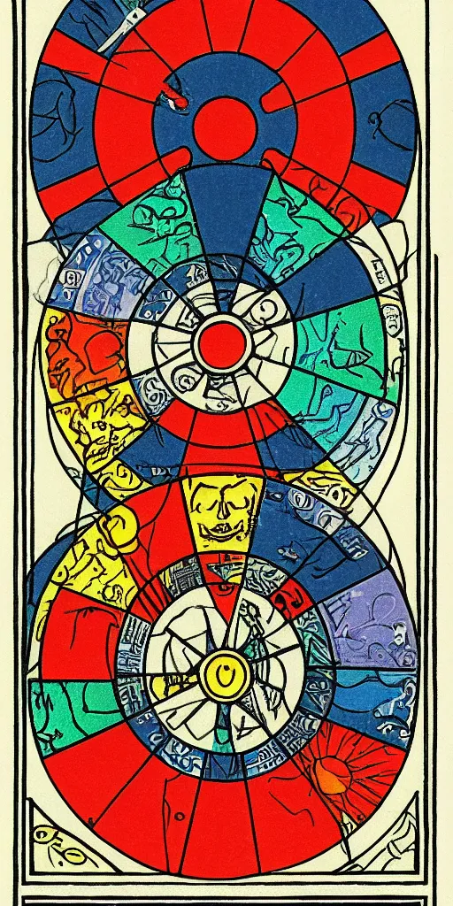 Image similar to Wheel of Fortune tarot card by a famous anime artist, clean and sharp lines, minimalistic, taoist