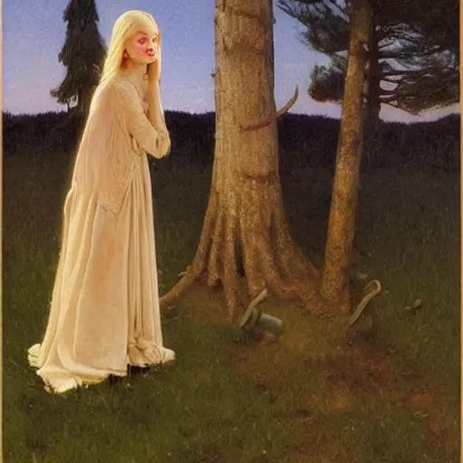 Image similar to Painting of Elle Fanning at the bonfire of firelink shrine, long blonde hair, delicate, pale milky white porcelain skin, by Norman Rockwell and Edward Hopper. Extremely detailed.