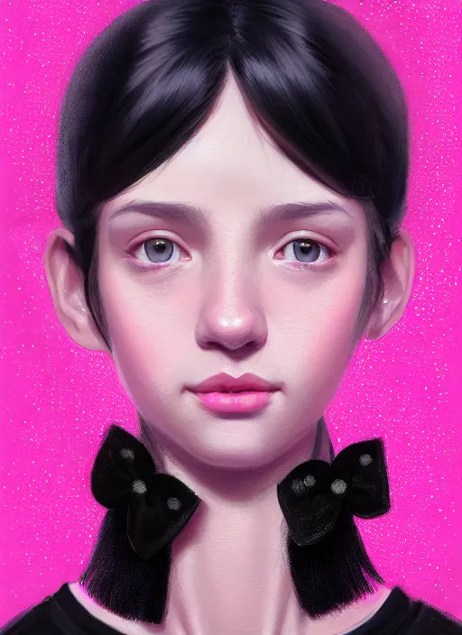 Image similar to portrait of teenage girl, narrow face, black hair, bangs, half updo hairstyle, skinny, smile, unattractive, defined jawline, big chin, wearing pink hair bow, earrings, intricate, elegant, glowing lights, highly detailed, digital painting, artstation, sharp focus, illustration, art by wlop, mars ravelo and greg rutkowski