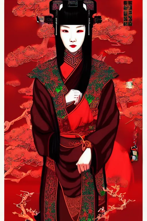 Image similar to poster style, ancient chinese beautiful woman, weak, cyberpunk, by dream of the red chamber