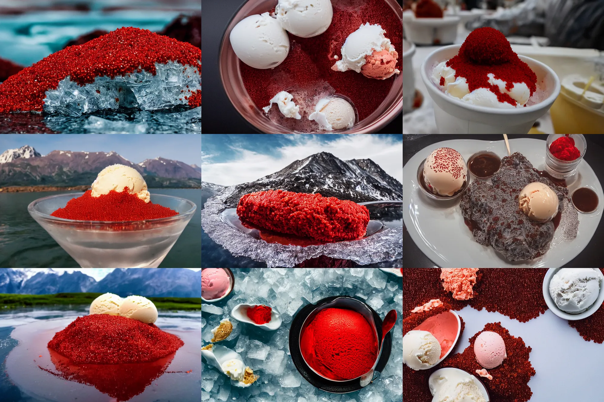 Prompt: a large island of red caviar and ice cream and brown water in the center of which there are mountains with three ice cream