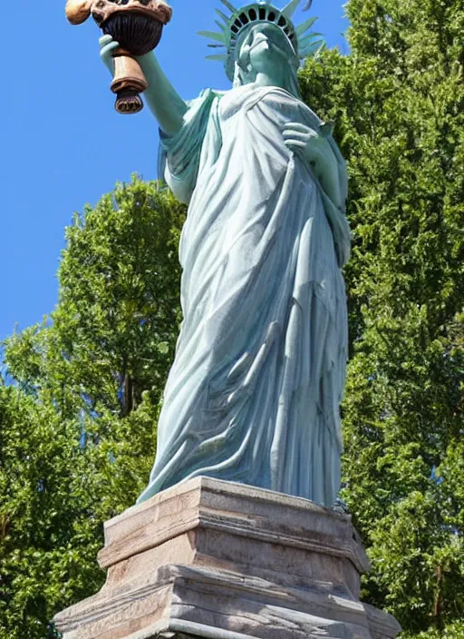 Image similar to A marble statue of a squirrel holding an acorn in the style of Statue of Liberty. museum photo