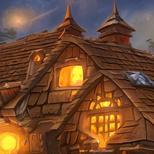 Prompt: trending on artstation, hearthstone. structures with tile roofs, and peaked wooden roofs, structures blackened to some degree by a patina of soot. structures darkest at the top, where the ash gathered, but rainwaters and evening condensations had carried the stains over ledges and down walls in an uneven gradient.