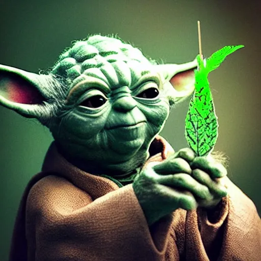 Image similar to “an 8k hi res extremely detailed photorealistic magazine editorial photo shoot pic of yoda with a long bear holding up and praising a glowing hemp leaf on a strange moon. Colorized”