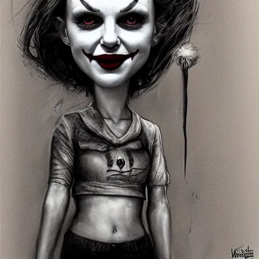 Image similar to surrealism grunge cartoon portrait sketch of natalie portman with a wide smile by - michael karcz, loony toons style, pennywise style, horror theme, detailed, elegant, intricate