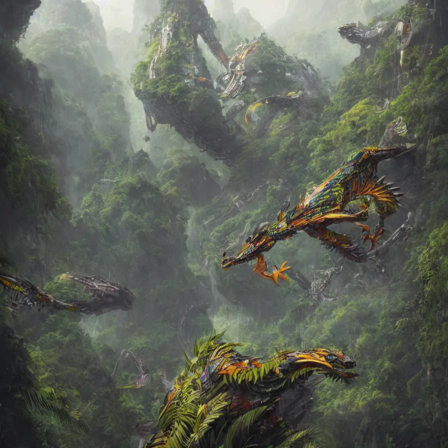 Image similar to hyperrealistic matte painting of futuristic robot quetzalcoatl, dragon, feathered dragon, flying above the jungle by eddie mendoza, beeple, 4 k, trending on cgsociety