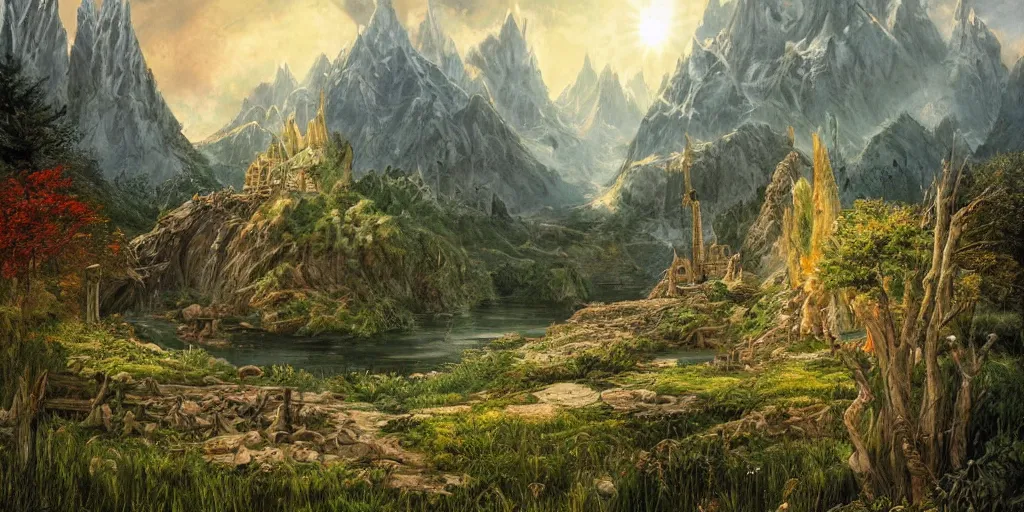 Image similar to a beautiful middle earth landscape by barbara remington