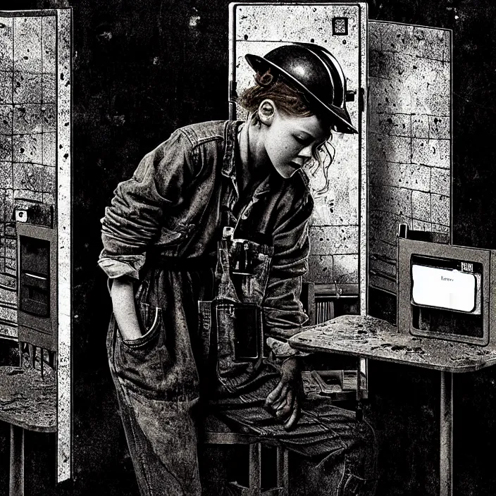 Prompt: sadie sink as a coal miner : inserts a card into a slot. inside a minimalist dirty automated kiosk. bright tasty food options displayed on a wall. black tiles on walls. a seat and table. black and white, pencil and ink. by gabriel hardman, joe alves, chris bonura. cinematic atmosphere, detailed and intricate, perfect anatomy