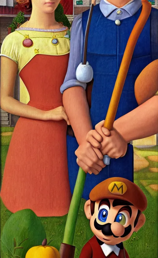 Image similar to Princess Peach and Mario as American Gothic by Grant Wood in the style of Super Mario 64, high quality render