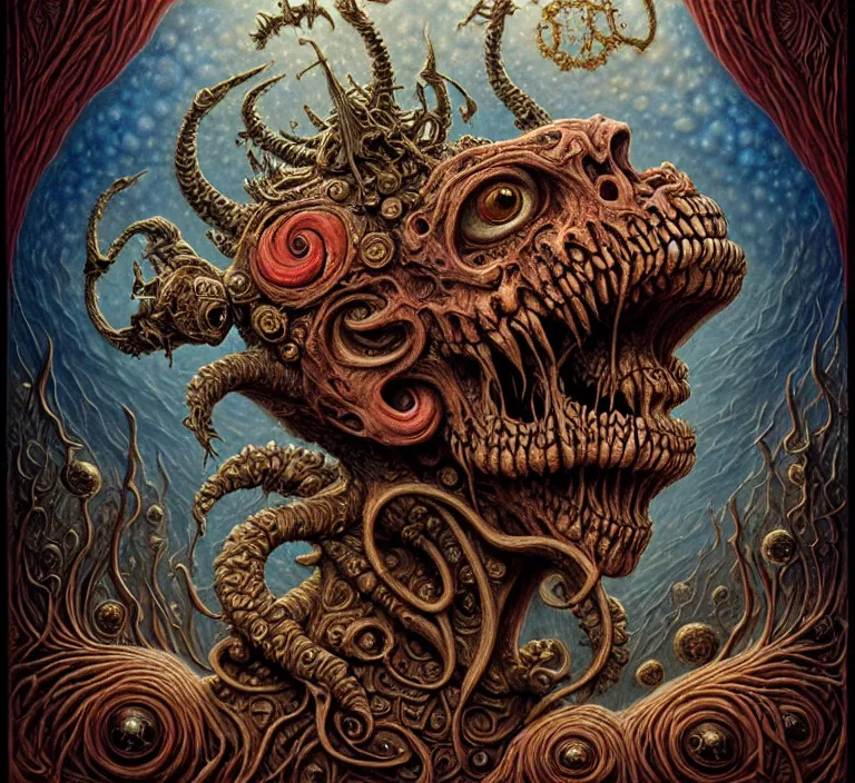 Prompt: A beautiful detailed grotesque monster super cute tarot card, by tomasz alen kopera and Justin Gerard, symmetrical features, ominous, magical realism, texture, intricate, ornate, royally decorated, skull, skeleton, whirling smoke, embers, red adornements, red torn fabric, radiant colors, fantasy, trending on artstation, volumetric lighting, micro details, 3d sculpture, ray tracing, 8k, anaglyph effect, digital art