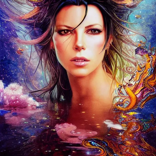 Image similar to ultra detailed illustration of Kate Beckinsale as a anime girl covered in a sea of iridescent liquid, chrome metal material, lost in a dreamy oriental realm by Karol Bak, Ruan Jia, Moebius, hiroshi yoshida, Druillet, colorful, front view, vivid colors, 8k, coherent, anime vibes, uplifting, magical composition, artstation, synthwave, 8k, coherent, artgerm, uplifting, unreal engine, magical composition, artstation,