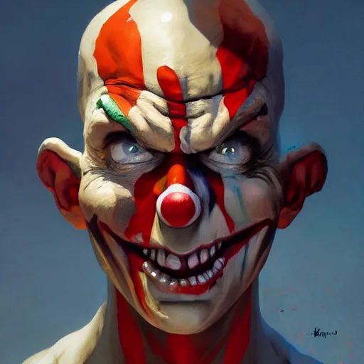 Image similar to 4k headshot portrait of Spawn clown from Macfarlane comics by Craig Mullins, ilya kuvshinov, krenz cushart, epic , artgerm trending on artstation by Edward Hopper and Dan Mumford and WLOP and Rutkovsky, beksinski carl spitzweg moebius and tuomas kocar, intricate artwork by caravaggio, Unreal Engine 5, Lumen, Nanite , 4K headshot of godlike clown with defined arms and open hands and bloody clothes with giant mandala wings , intricate face , flawless anime cel animation by Kentaro Miura, psychedelic , highly detailed upper body , professionally post-processed , beautiful, scary, symmetry accurate features, epic, octane rendered, anime masterpiece, accurate