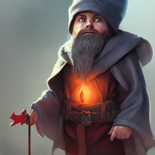 Image similar to Portrait of a young gnome wizard, epic, ominous, cinematic, art by artgerm and greg rutkowski, trending on artstation.