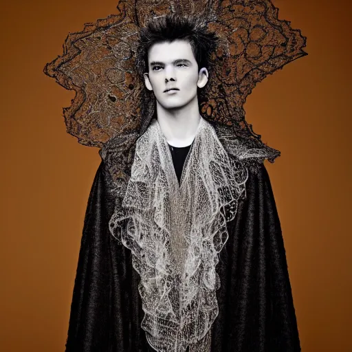 Image similar to a portrait of a beautiful young male wearing an alexander mcqueen cloak made of lace , photographed by andrew thomas huang, artistic