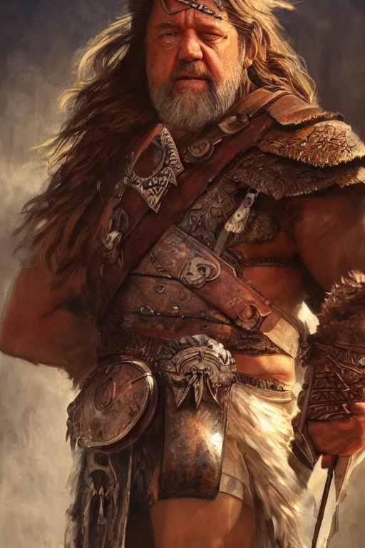 Image similar to ultra realistic illustration, russell crowe as a barbarian warrior from baldurs gate and diablo, intricate from baldurs gate, elegant, highly detailed, digital painting, artstation, concept art, smooth, sharp focus, illustration, art by artgerm and greg rutkowski and alphonse mucha