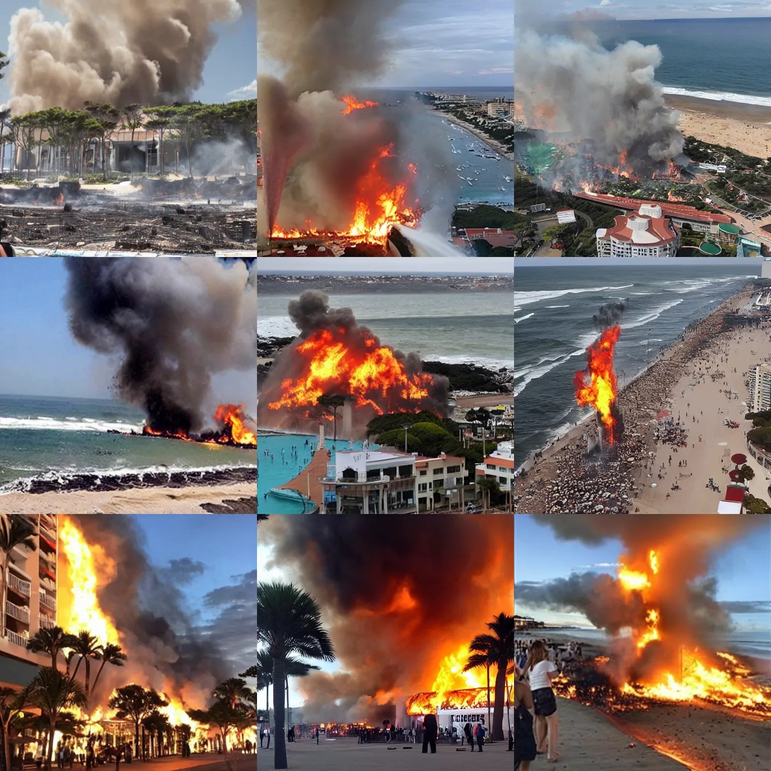 Prompt: The Punta del Este Shopping in Punta del Este being burned, photo