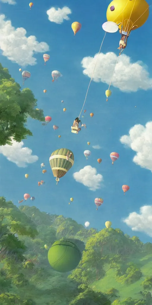 Image similar to An aerial tennis court, suspended by a giant tennis ball-shaped hot air balloon, Castle in the Sky style, by Miyazaki Hayao