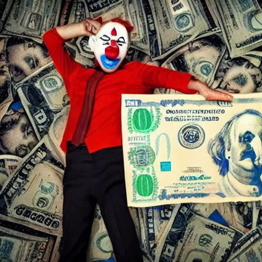 Prompt: A poor clown holding a giant dollar banknote, background is a slum, cinematic, epic, highly-detailed