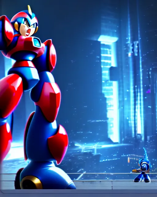 Image similar to photorealistic megaman x fighting giant robots in cyberpunk future, artstation, unreal engine, deviantart, concept art