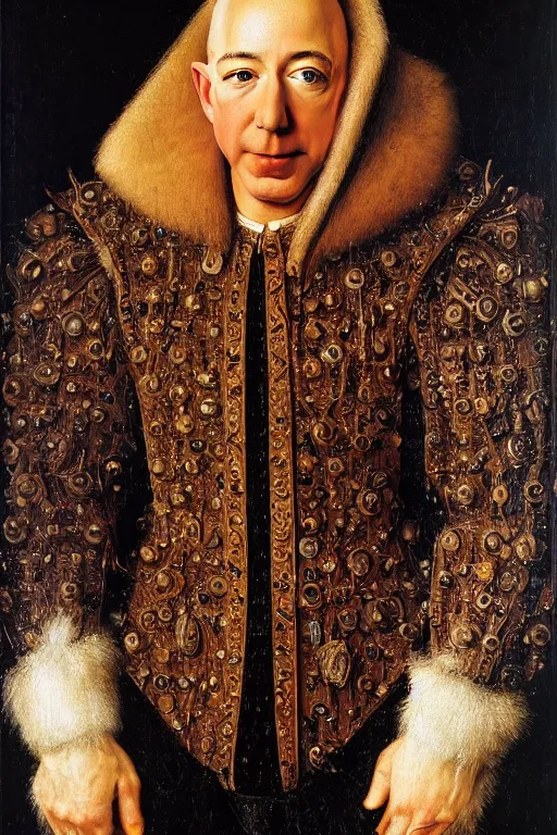 Prompt: portrait of jeff bezos!!! oil painting by jan van eyck, northern renaissance art, oil on canvas, wet - on - wet technique, realistic, expressive emotions, intricate textures, illusionistic detail