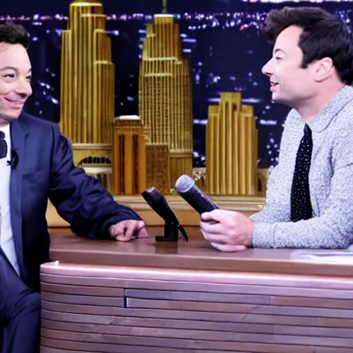 Prompt: Jimmy Fallon on the Tonight Show interviewing Jesus, getty images