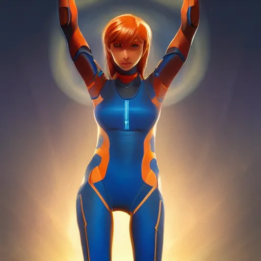 Image similar to Samus Aran in her blue skintight suit highly detailed, digital painting, artstation, concept art, sharp focus, illustration, cinematic lighting, art by artgerm and greg rutkowski and alphonse mucha