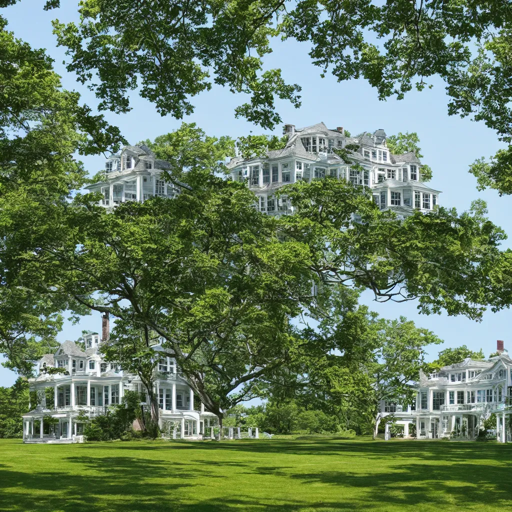 Prompt: hamptons mansion, cape cod architecture, trees and lake, photorealistic, high quality 8 k,