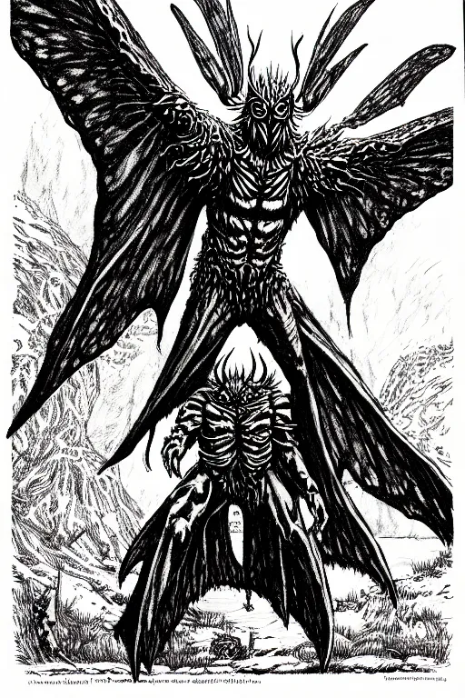 Image similar to mothman as a d & d monster, full body, pen - and - ink illustration, etching, by russ nicholson, david a trampier, larry elmore, 1 9 8 1, hq scan, intricate details, inside stylized border