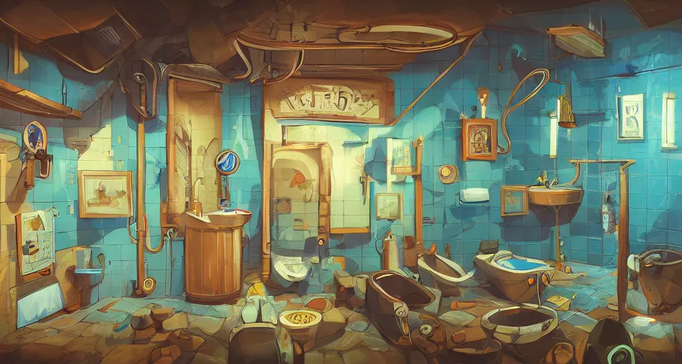 Image similar to A beautiful artwork illustration, a videogame level in a small toilet-themed museum escape room, featured on artstation, wide angle, horizontal orientation