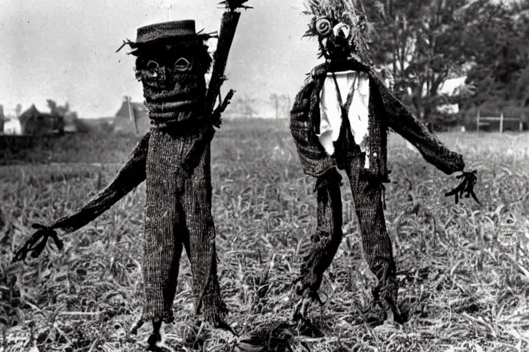 Image similar to disturbing scarecrow from the early 1 9 0 0's burning down the cornfields