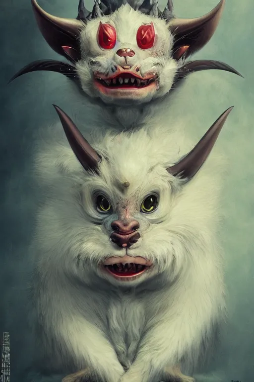 Image similar to a portrait of a cute japanese devil animal illustrated by miyazaki by karol bak, james jean, tom bagshaw, rococo, sharp focus, trending on artstation, cinematic lighting, hyper realism, octane render, 8 k, hyper detailed, vivid, ultra detailed, highly detailed