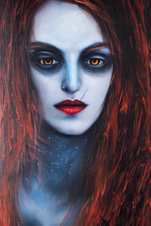 Image similar to hyperrealism oil painting, close - up portrait of european medieval brunette vampire fashion model, knight, steel gradient mixed with nebula sky, in style of baroque