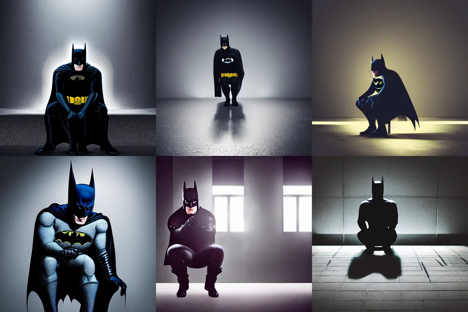 Prompt: low - angle shot photo of batman sitting in a grim toilet, pants down, dramatic lights, dark colours