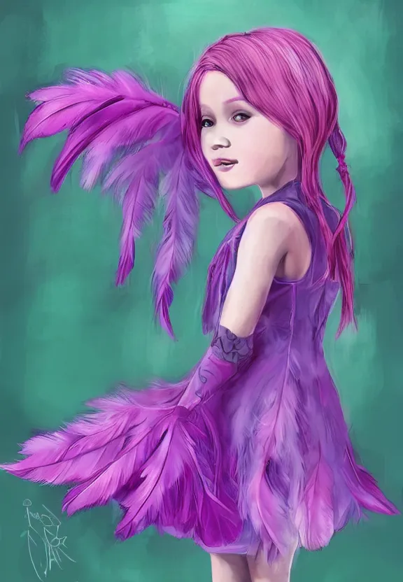 Image similar to little girl with eccentric pink hair wearing a dress made of purple feather, art by dcwj