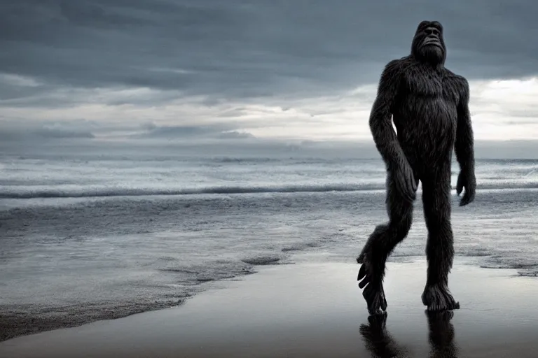 Prompt: cinematography portrait of Bigfoot on the beach in Santa Monica by Emmanuel Lubezki