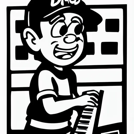 Image similar to cartoon line drawing illustration, in fine detail, of a kid, wearing a backwards baseball cap, playing a Korg MS-20 synthesizer, in the style of The Beano, pen and ink, black and white, long shot, white background, graffiti marker, graffiti character, 90s cartoon