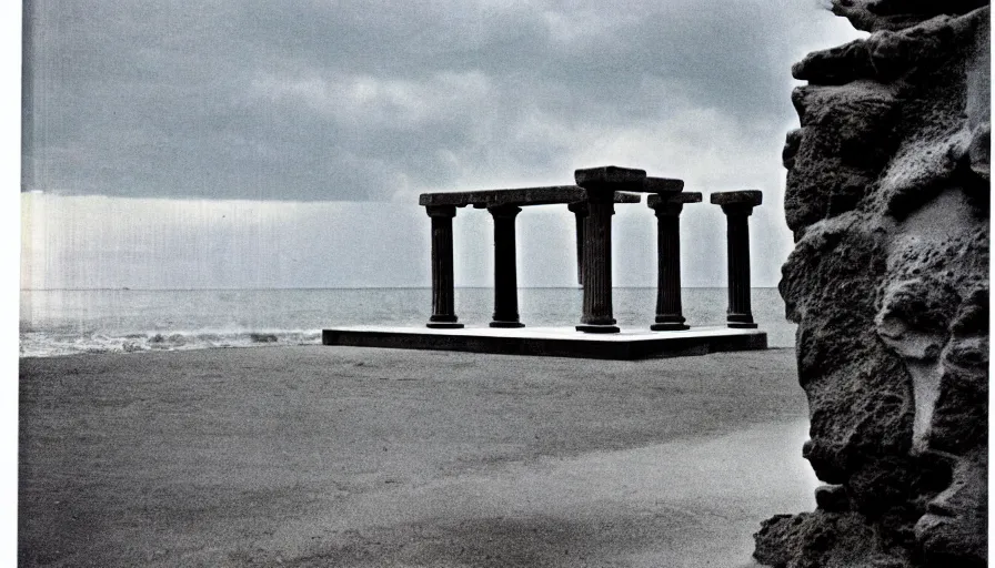 Image similar to A 1985 vintage magazine architecture photo of a beach doric temple, mediterranean architecture, refracted lines and sparkles, thunderstorm outside, beach on the background major arcana sky and occult symbols, hyperrealistic, award-winning, 1985