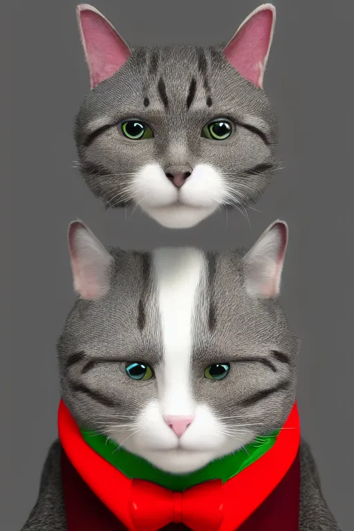 Image similar to a cat wearing a red and green formal overcoat, hyperrealistic, concept art, octane render, unreal engine 5, realistic and defined face, profile picture, digital art, pixar and disney, symmetrical, high quality, highly detailed, high coherence, path traced, house background, low contrast, beautiful