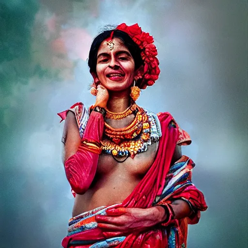 Prompt: realistic expired fuji film portrait of happy india hijra, red roses celestial vibe, hyperrealism, hypermaxiymalism, photorealistic, detailed, atmospheric, 8 k, award winning photography, cinematic