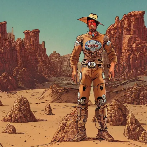 Image similar to cyborg cowboy in a desert space wild west town, highly detailed, by moebius