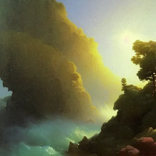 Prompt: painting of a lush natural scene on an alien planet by ivan aivazovsky. beautiful landscape. weird vegetation. cliffs and water.