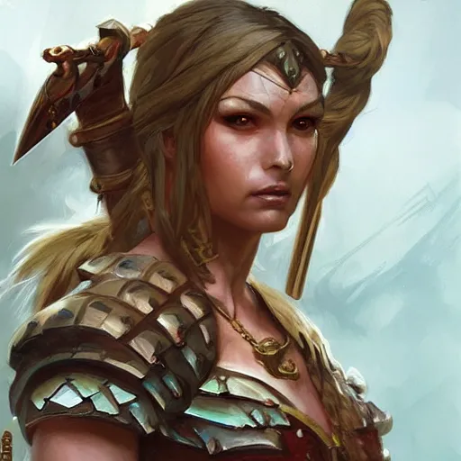 Image similar to Female barbarian closeup, D&D, fantasy, intricate, elegant, highly detailed, digital painting, trending on artstation, concept art, illustration, art by Artgerm and Greg Rutkowski and Alphonse Mucha